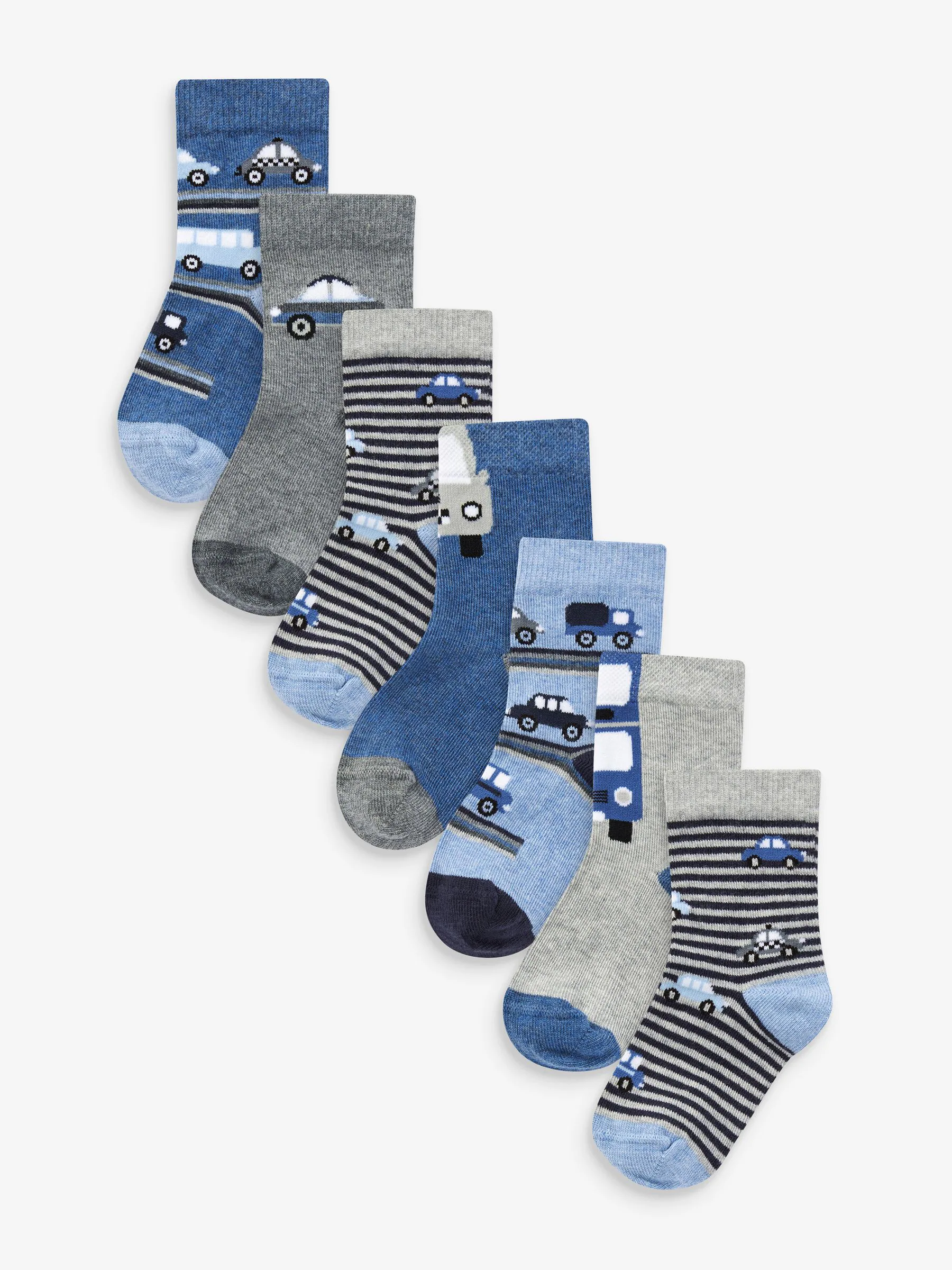 Blauw met strepen/transportprint - Verpakking van 7 paar sokken met hoog aandeel katoen