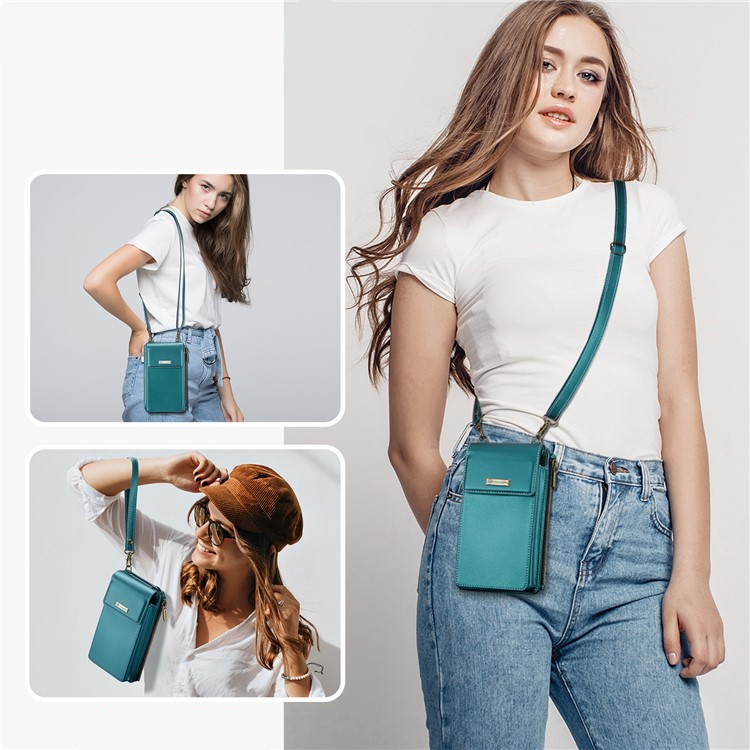 (17x10x3cm) Universal Handy Leder Umhängetasche Portemonnaie Fashion Crossbody Bag (RFID Schutz) - Petrol