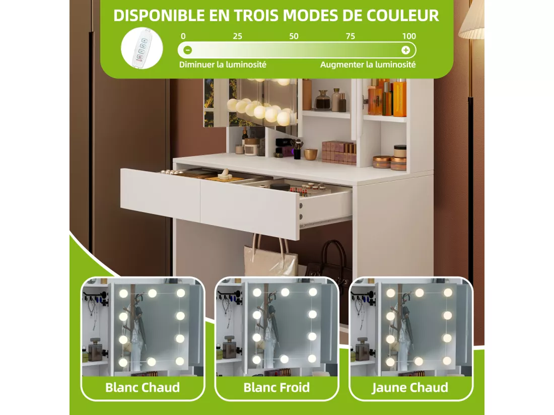 YITAHOME Coiffeuse avec Miroir - 3 Couleurs avec Luminosité Réglable - Coiffeuse avec Étagères pour Maquillage - 2 tiroirs - Blanc