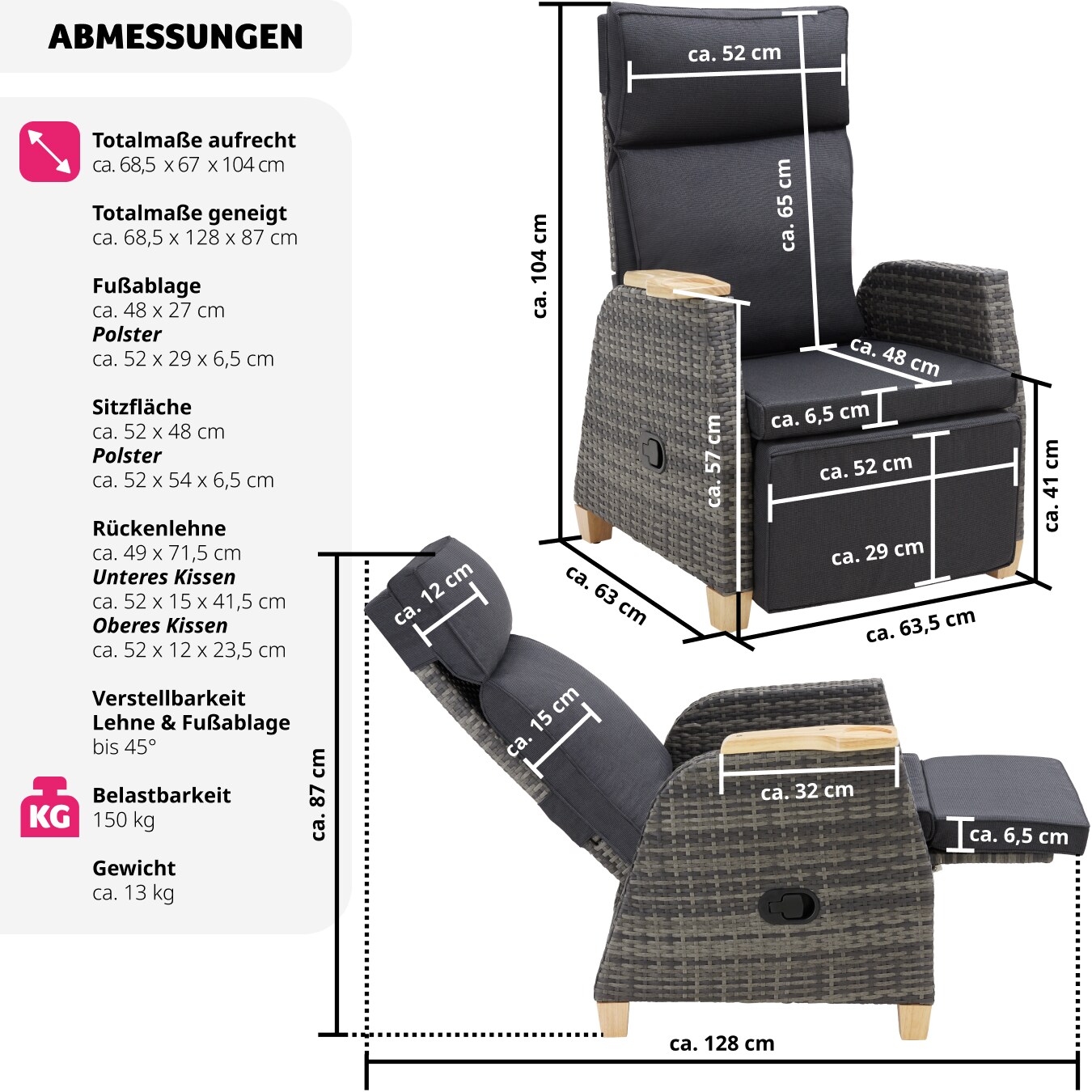tectake® Rattansessel, mit Aluminiumgestell, verstellbare Rückenlehne und Fußablage, dicke Polsterung, 68,5 x 67 - 128 x 87 - 104 cm