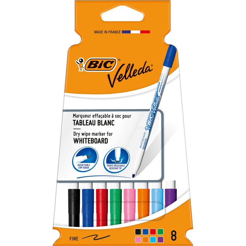 Marqueur effaçable Bic Velleda 1721 pointe ogive 2,8 mm - Pochette de 8 couleurs assorties
