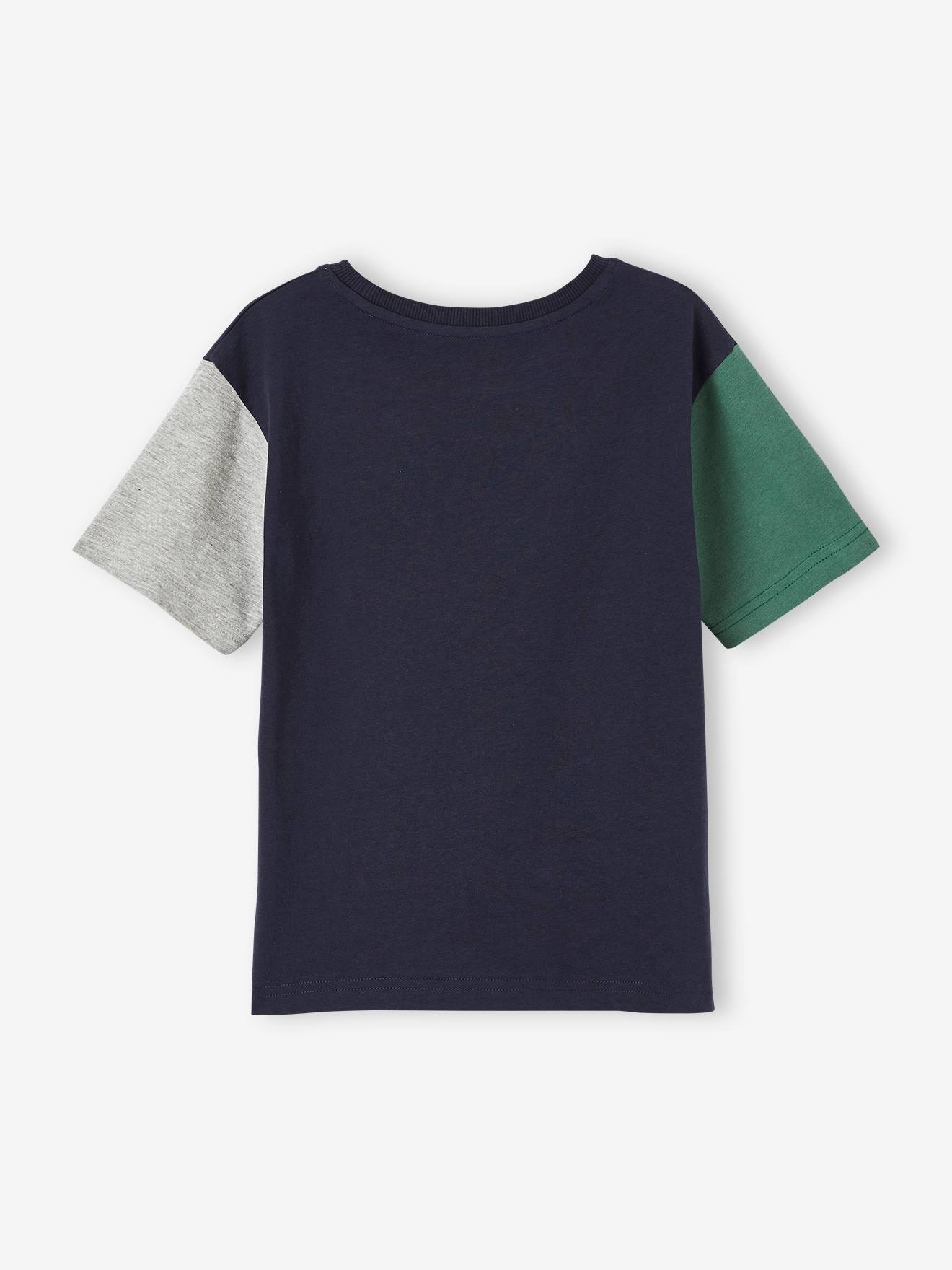 Camiseta esportiva colorblock, lisa, azul escura, para menino, com estampas.