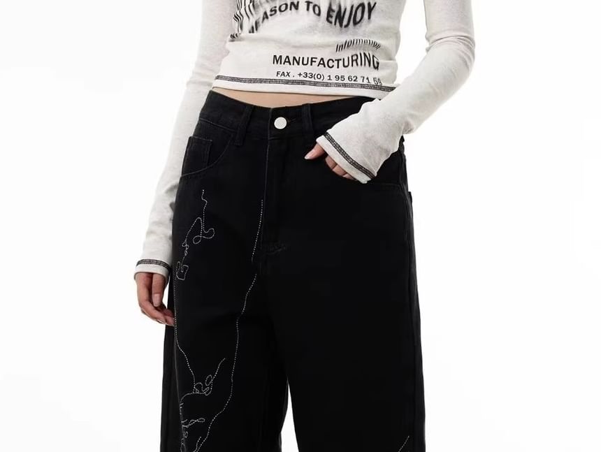 Rosesand - Low Rise geborduurde straight-fit jeans met wijde pijpen