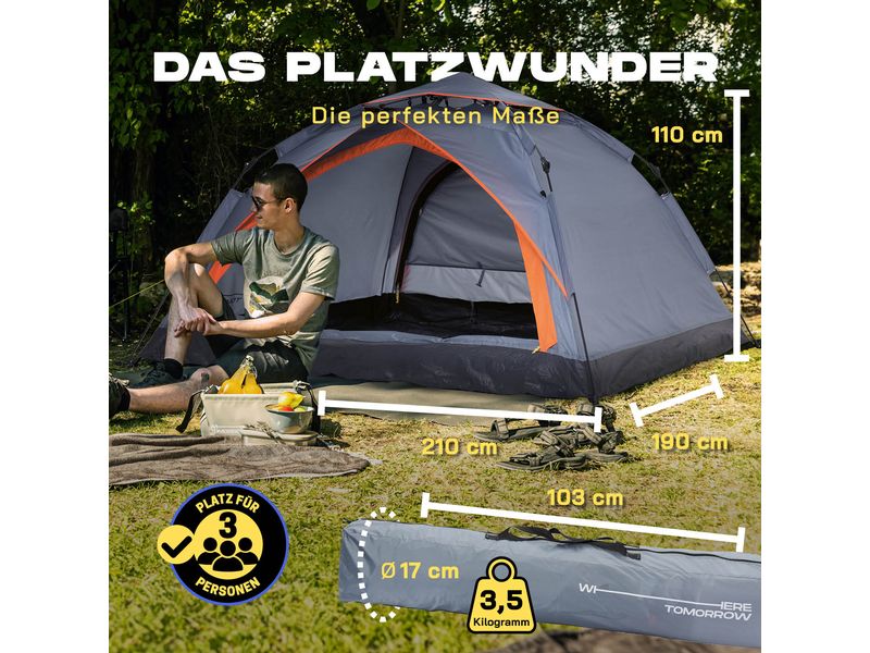 Where tomorrow Pop-Up-Zelt Drei Personen - Grau Dreipersonenzelt Pop-Up 210 x 190 x 110 cm