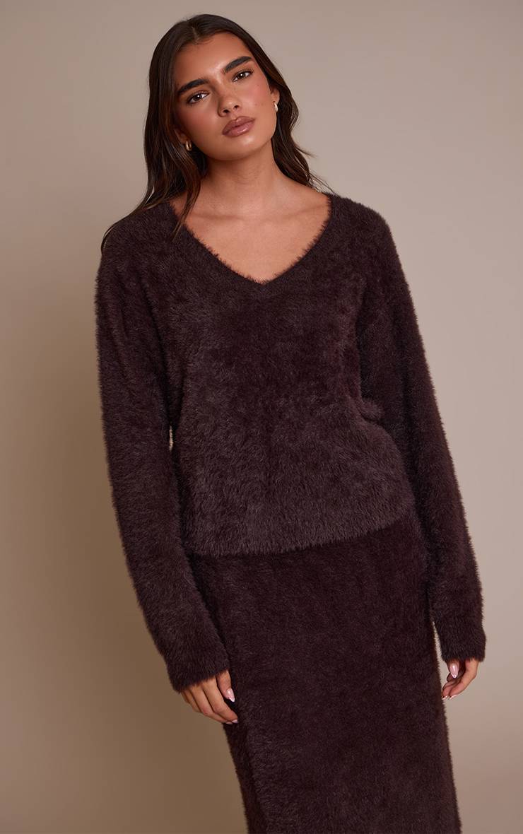 Chocolat Synthétiquell En Maille Duveteuse Col V Oversize