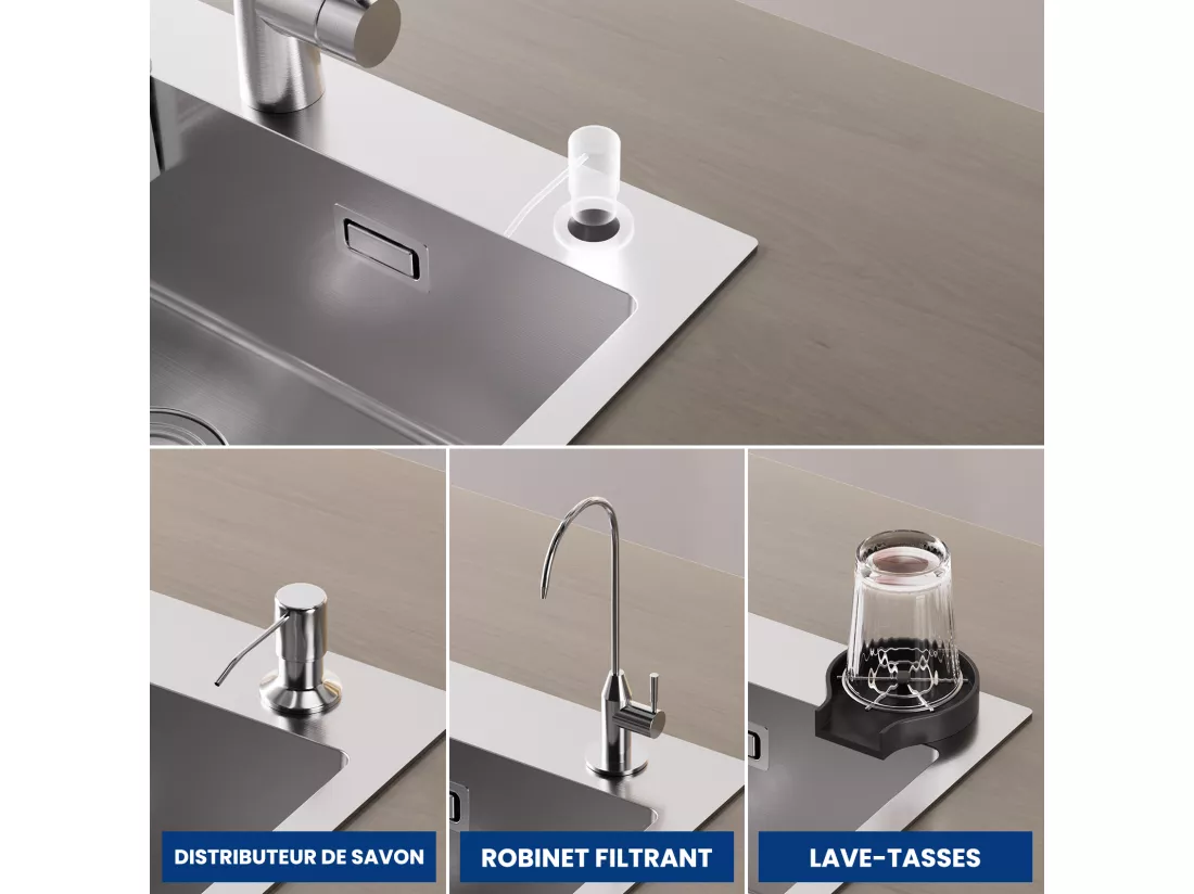 Cecipa max Évier 1 Bac 60×45cm Évier Inox Brossé avec Panier de Drainage + Mitigeur de Cuisine à Ressort avec 3 Modes de Sortie D'eau, Noir
