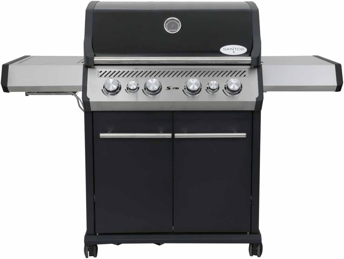 SANTOS Gasgrill S-418 schwarz - 4 Hauptbrenner, 800 °C Grillzone, Heckbrenner/Backburner, Gussgrillroste - inkl. Drehspieß, Rostheber & Silikonablage