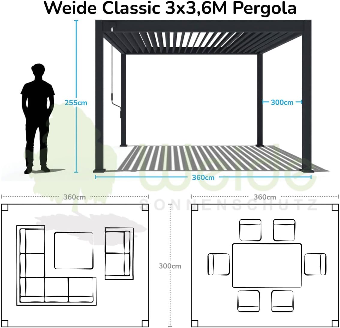 WEIDE - Classic Terrassenüberdachung freistehend mit einstellbarem Stahl-Lamellendach I Pfosten aus Voll-Aluminium I Robustes Terassenüberdach I wasserdicht (Anthrazit, 3 x 3,6 M)