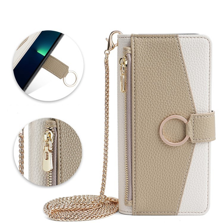 Samsung Galaxy Xcover 7 Necklace Leder Tasche Flip Cover mit Reissverschluss   Spiegel - Beige / Weiss