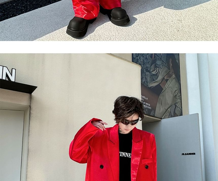 Omozando - Set: Dubbelrijs blazer + Hoge taille wijde broek