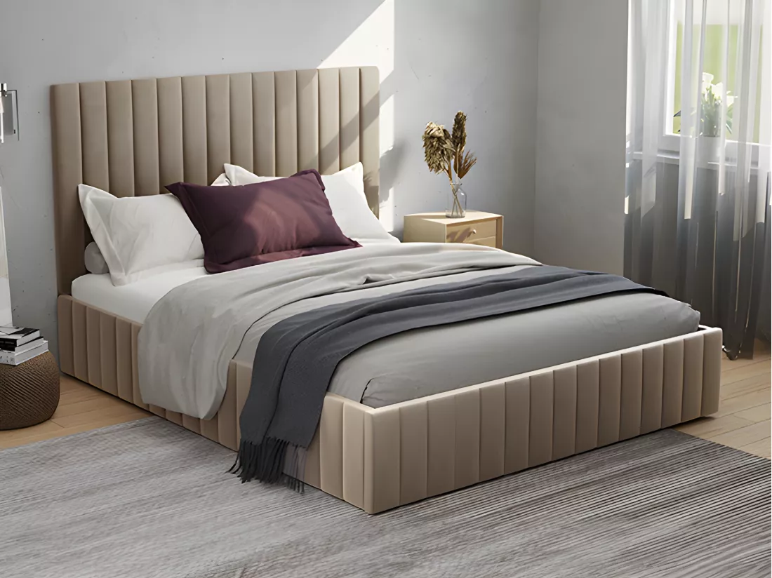 Lit coffre 180 x 200 cm avec tête de lit coutures verticales - Velours - Taupe - LARALI de Pascal Morabito