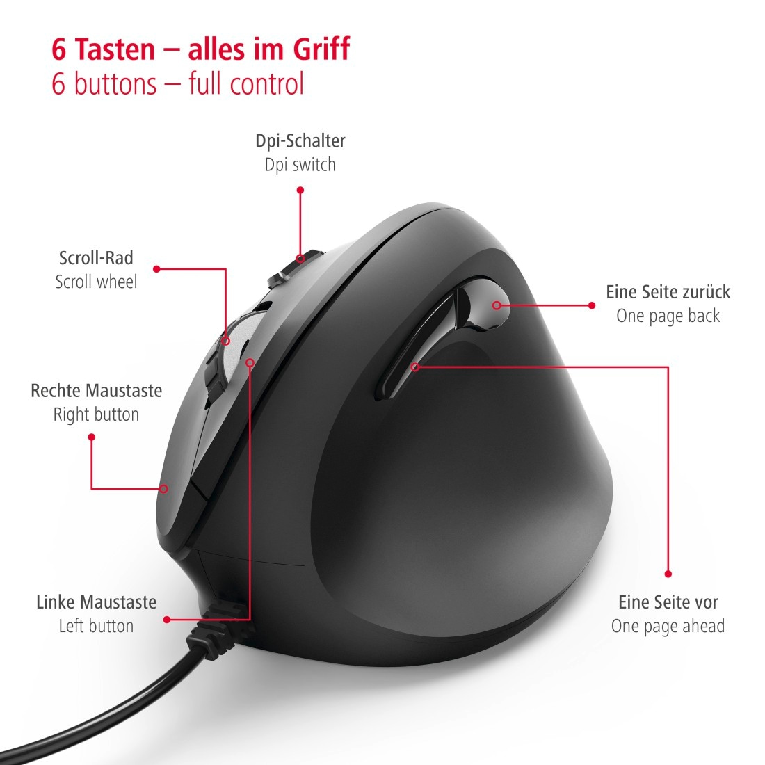 Hama ergonomische Maus »Ergonomische vertikale Maus für PC Laptop, mit Kabel, 1,8 m, Schwarz« USB | kabelgebunden Vorbeugung Tennisarm/Mausarm