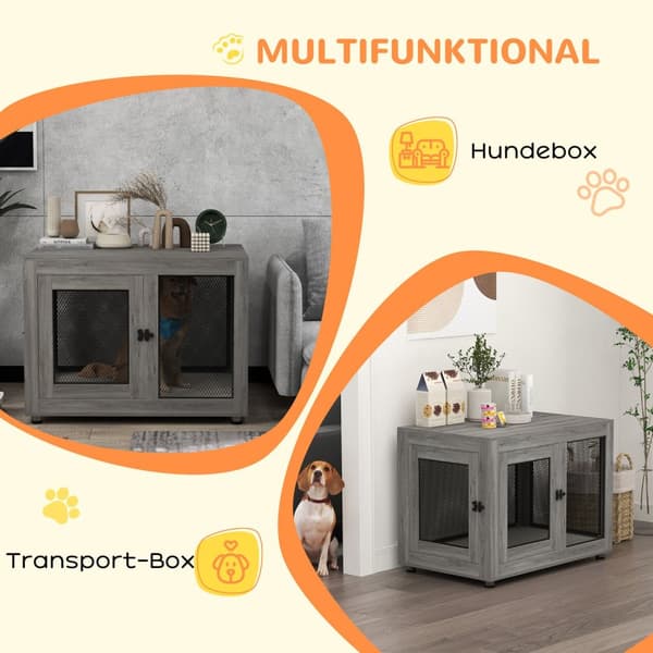 Hundebur til hjemmet, hundebur med 2 dører, vaskbar pute, hundebur med justerbare føtter, lås, for store hunder opptil 30 kg, grå, 94 x 60 x 71,5 cm