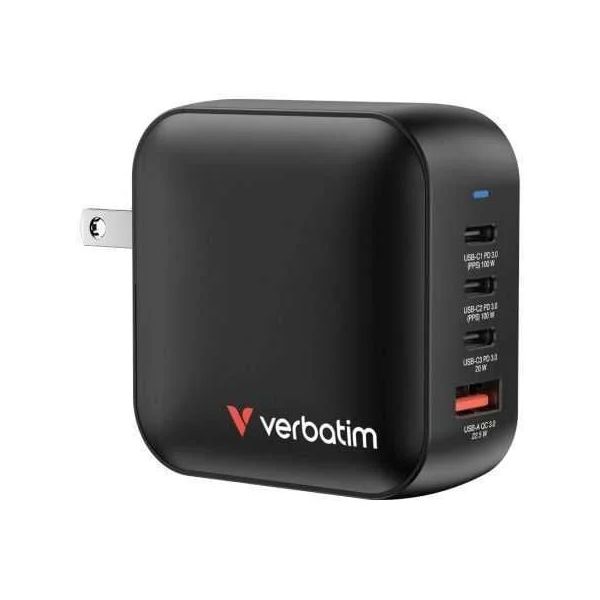 Verbatim Mini GaN Carregador 100W 3x USB-C 1x USB-A Preto