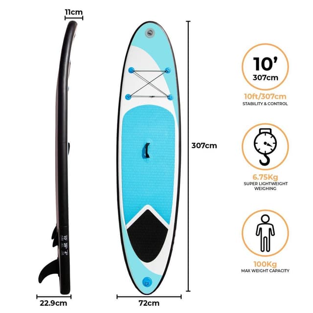 10 fods blå oppustelig paddleboard