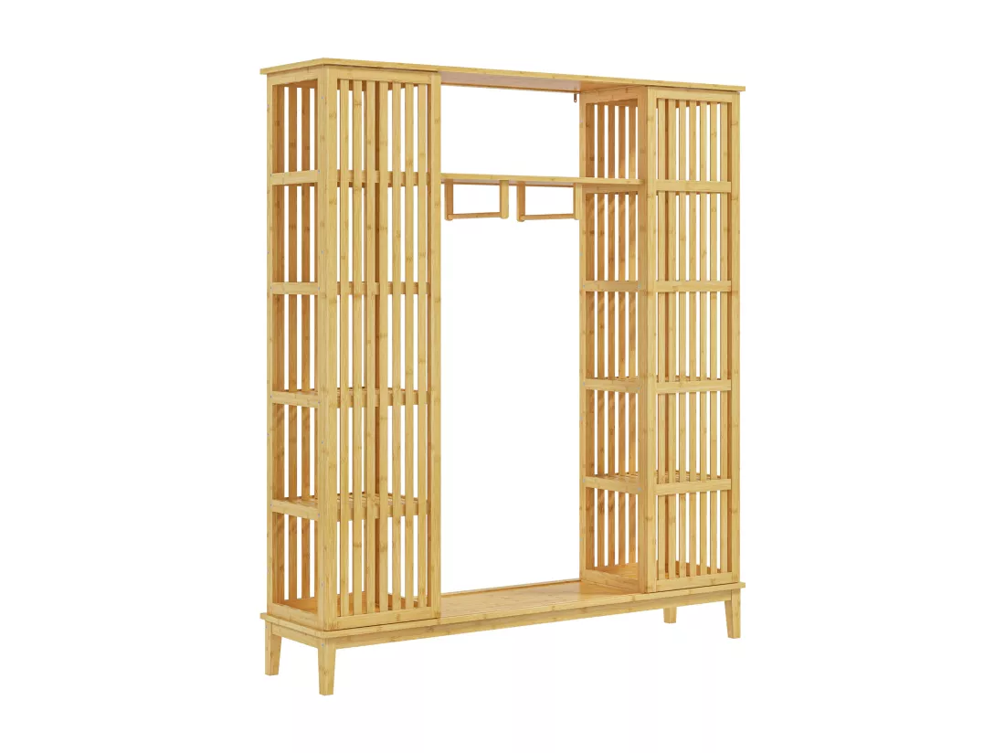 Armoire penderie en bambou - 2 portes coulissantes, 7 étagères, 2 barres - dim. 145L x 35l x 165Hcm