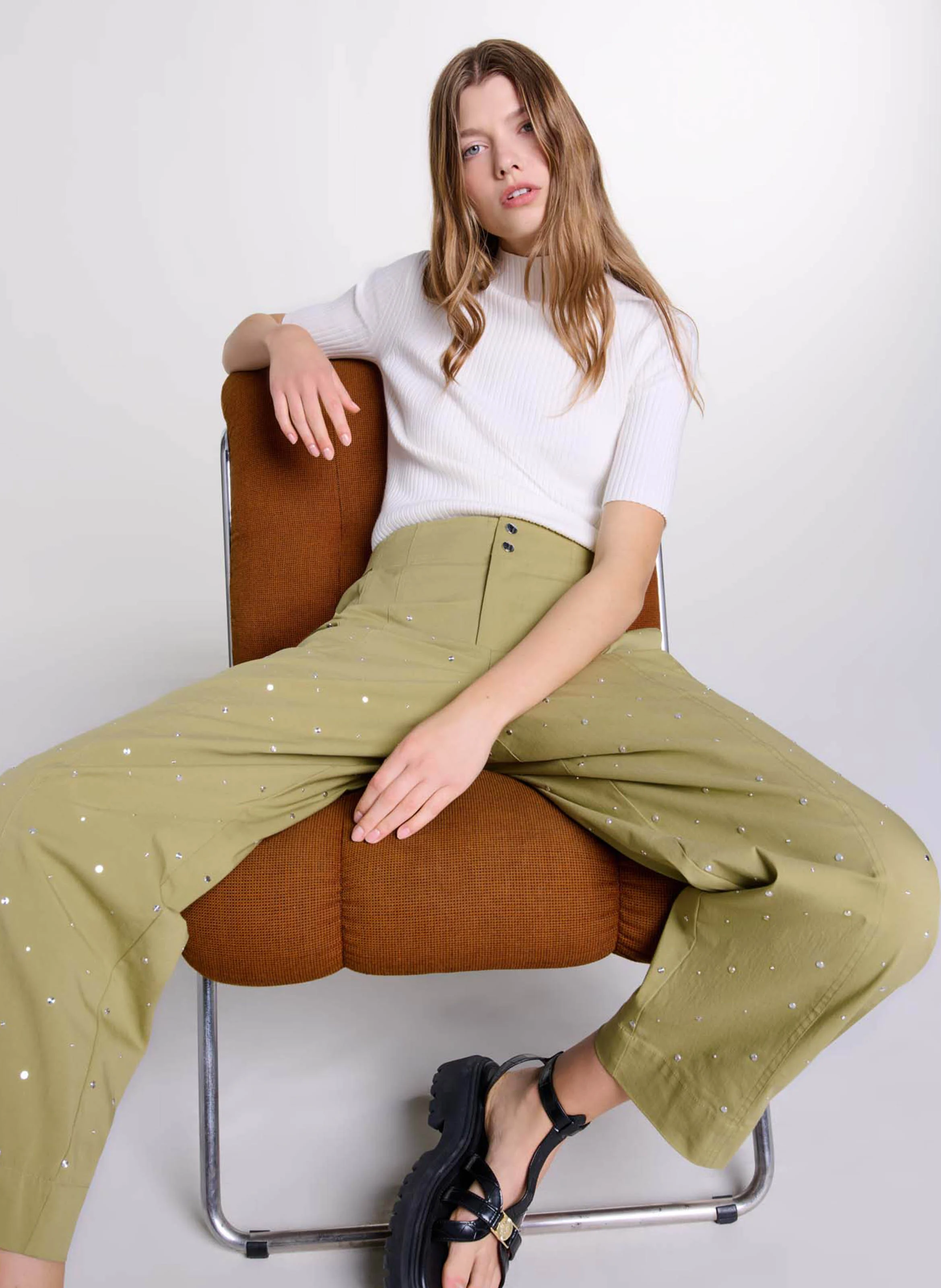 Top col rond en coton mélangé | Beige