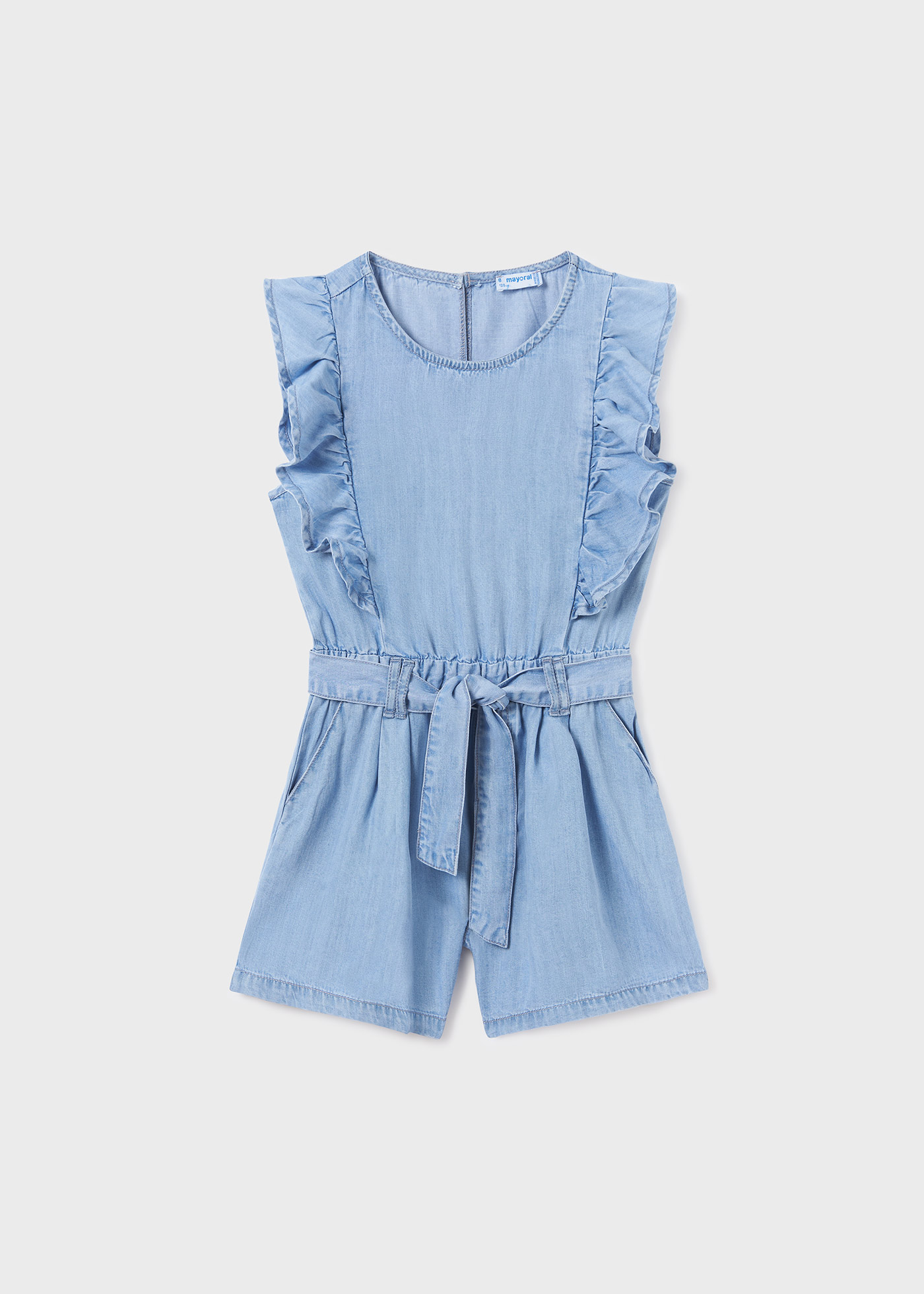 Macacão jeans infantil com babados em TENCEL™ Lyocell