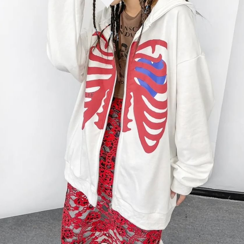 Sensarra - Rib Cage Print Hoodie met Ritssluiting