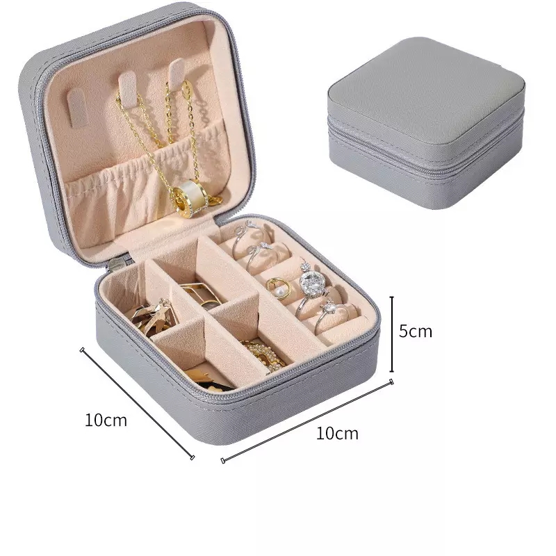 (10x10x5cm) Leder Schmuckschatulle Reise Aufbewahrungsbox Organizer für Ringe / Ohrringe / Armbänder - Grau