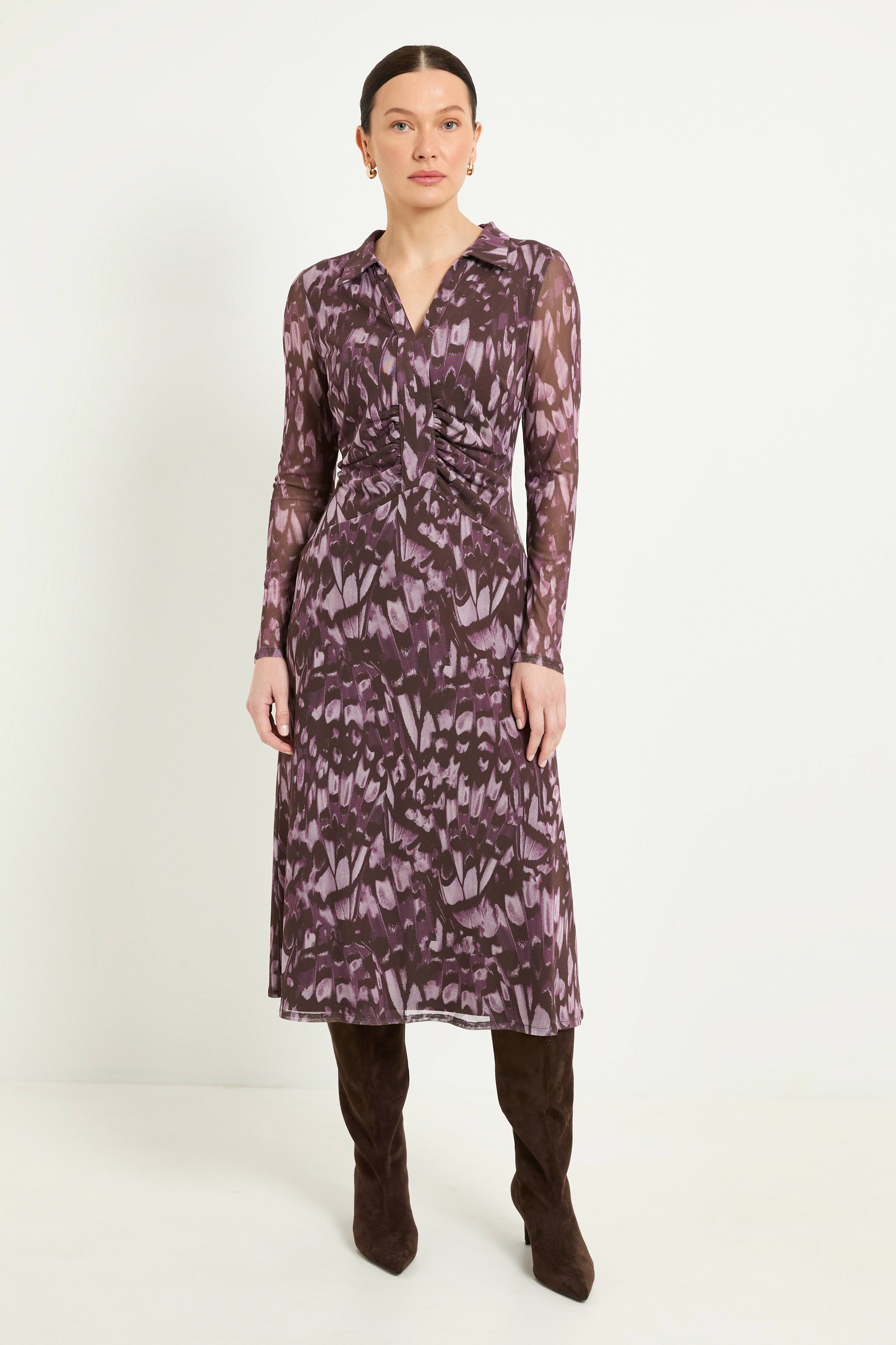 Wallis Robe Midi Col Froncé En Maille Motif Papillon Abstrait