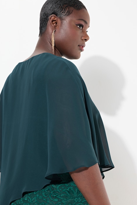 Abendkleid, Chiffon-Cape, Jersey, Spitzensaum, 3/4-Arm