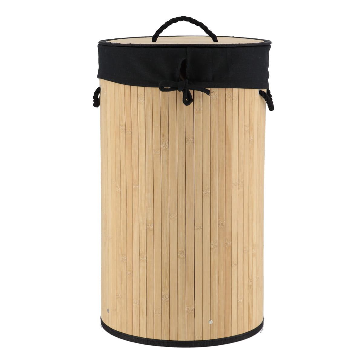 PANIERE LINGE RONDE PLIABLE BAMBOU TISSU LIN NOIR