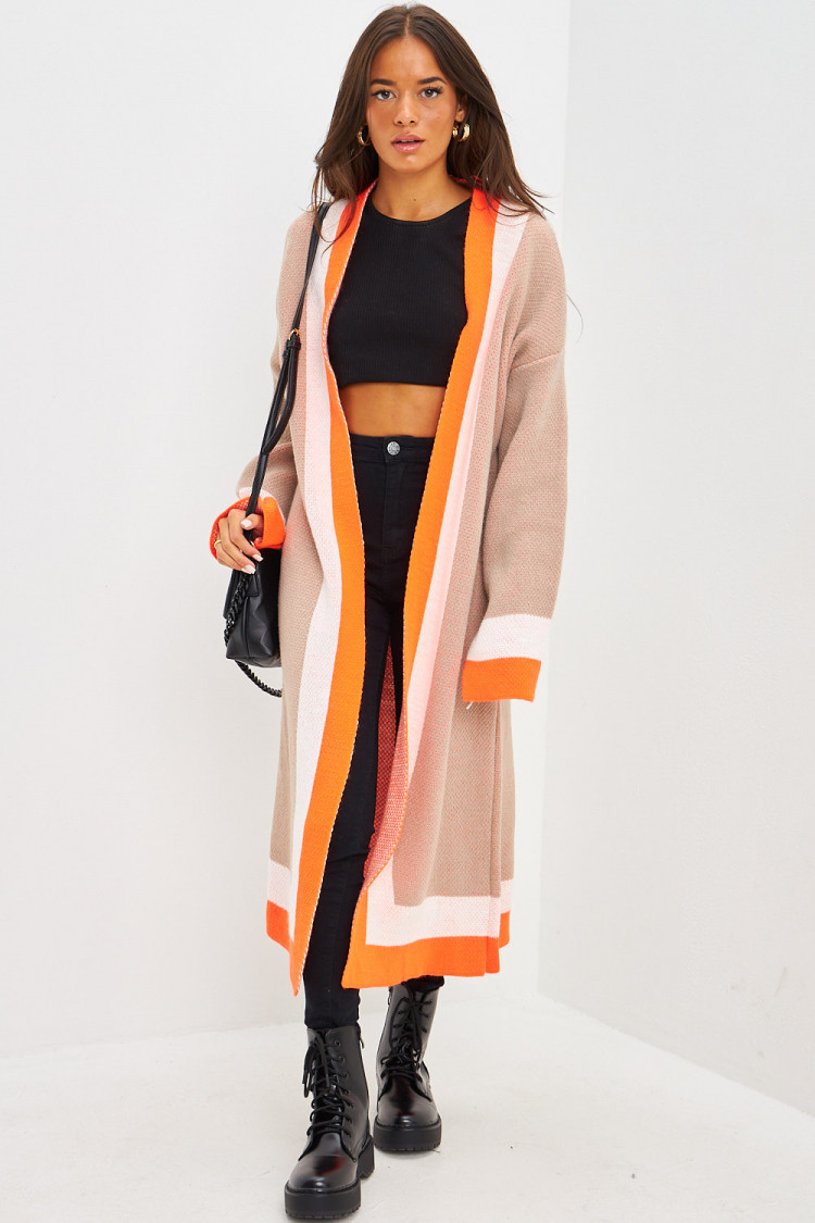 Gilet long en mailles beige à bande orange