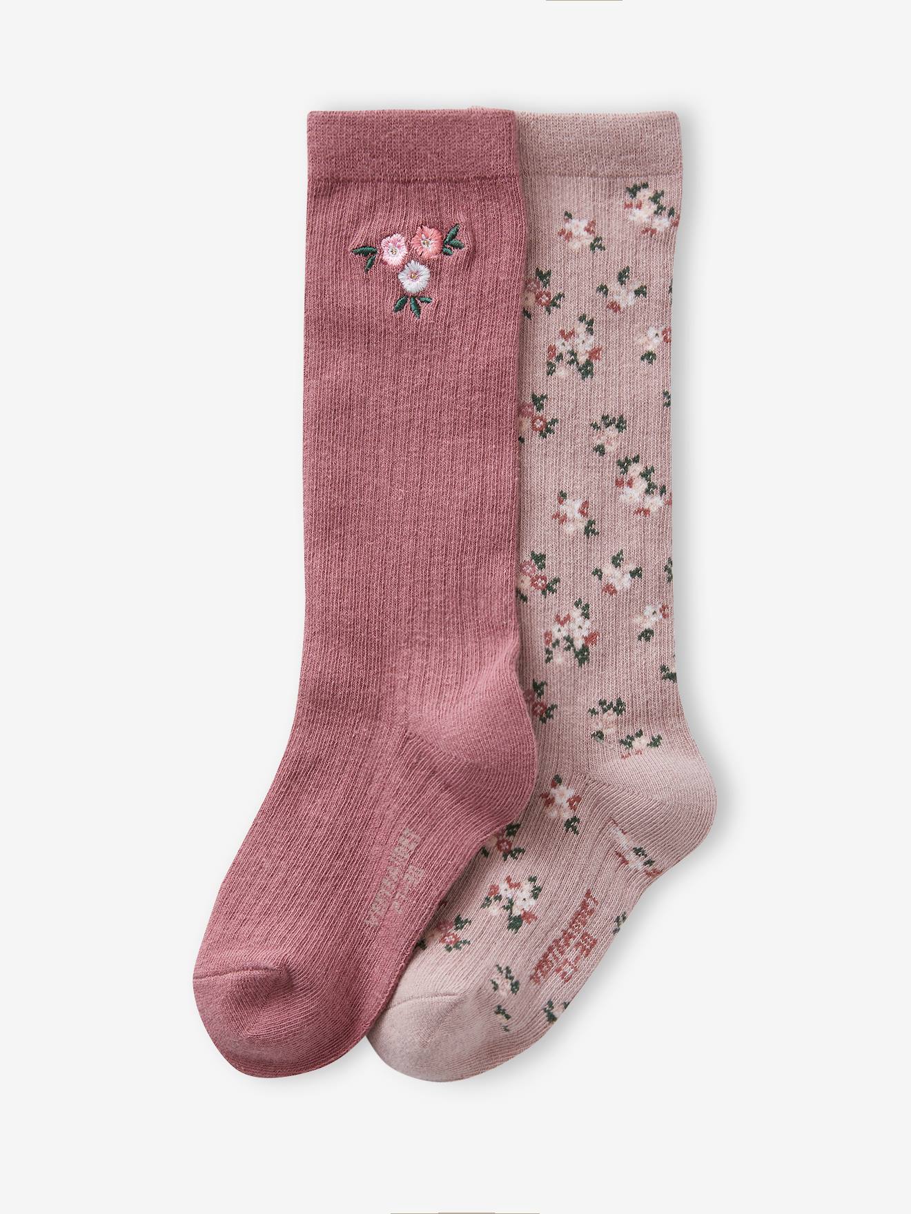 Pacote com 2 pares de meias até o joelho caneladas para meninas com flores, rosa claro.