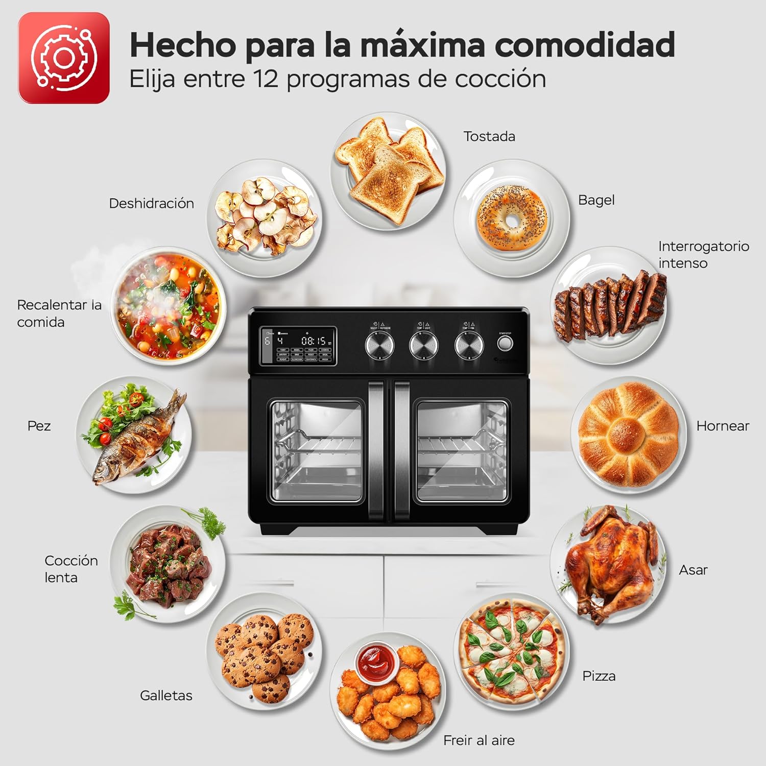 TurboTronic Mini Backofen - 4in1 Heißluftofen und Heißluftfritteuse XXL Version 32L inkl. Drehspieß & viel Zubehör, Dörrgerät ab 25°C & Grill, Airfryer, kleine Mini Tisch Back Pizzaofen (schwarz)