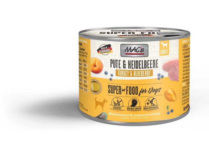 MAC's Nassfutter Pute und Heidelbeeren 200 g Alleinfuttermittel für ausgewachsene Hunde