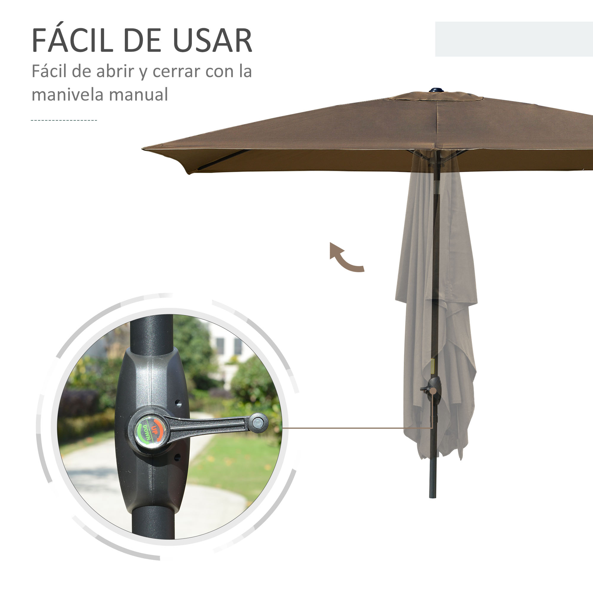 Guarda-sol de jardim Outsunny 296x197x244,5 cm com proteção UV50+, em alumínio, inclinável, com cobertura ventilada e manivela, ideal para pátios, varandas e áreas externas.