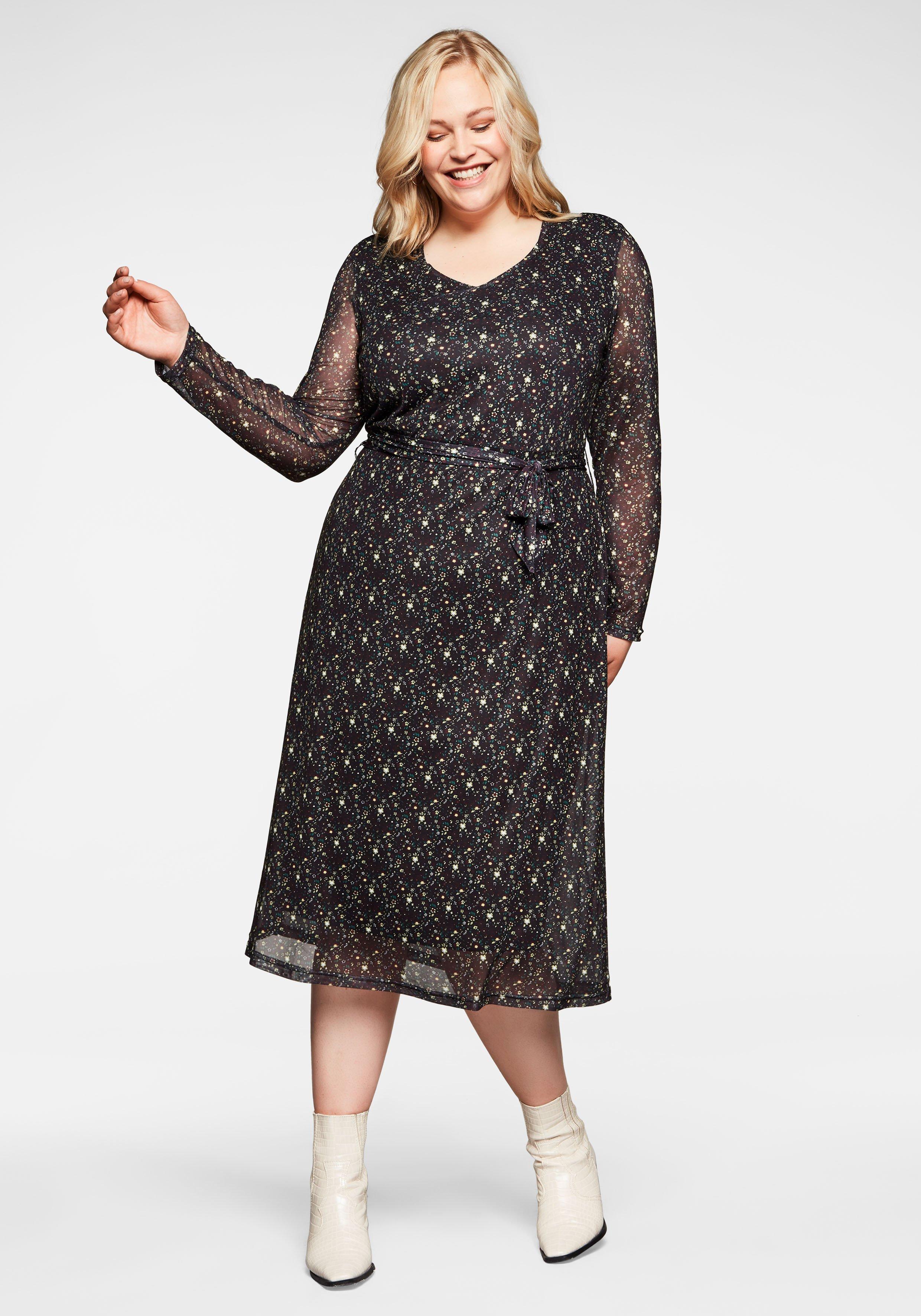 Mesh-Kleid mit Millefleurs-Druck und Bindegürtel