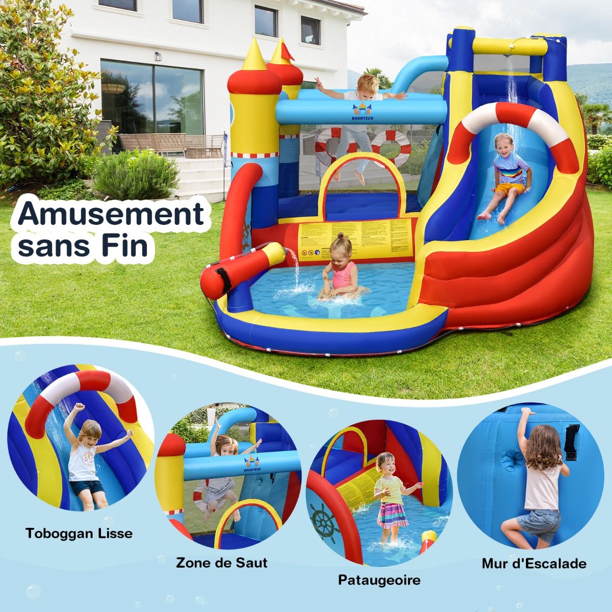 Château Gonflable Style Bateau avec Toboggan Incurvé Zone de Saut Mur d'Escalade avec Gonfleur 450 W - Lidl-Manfred