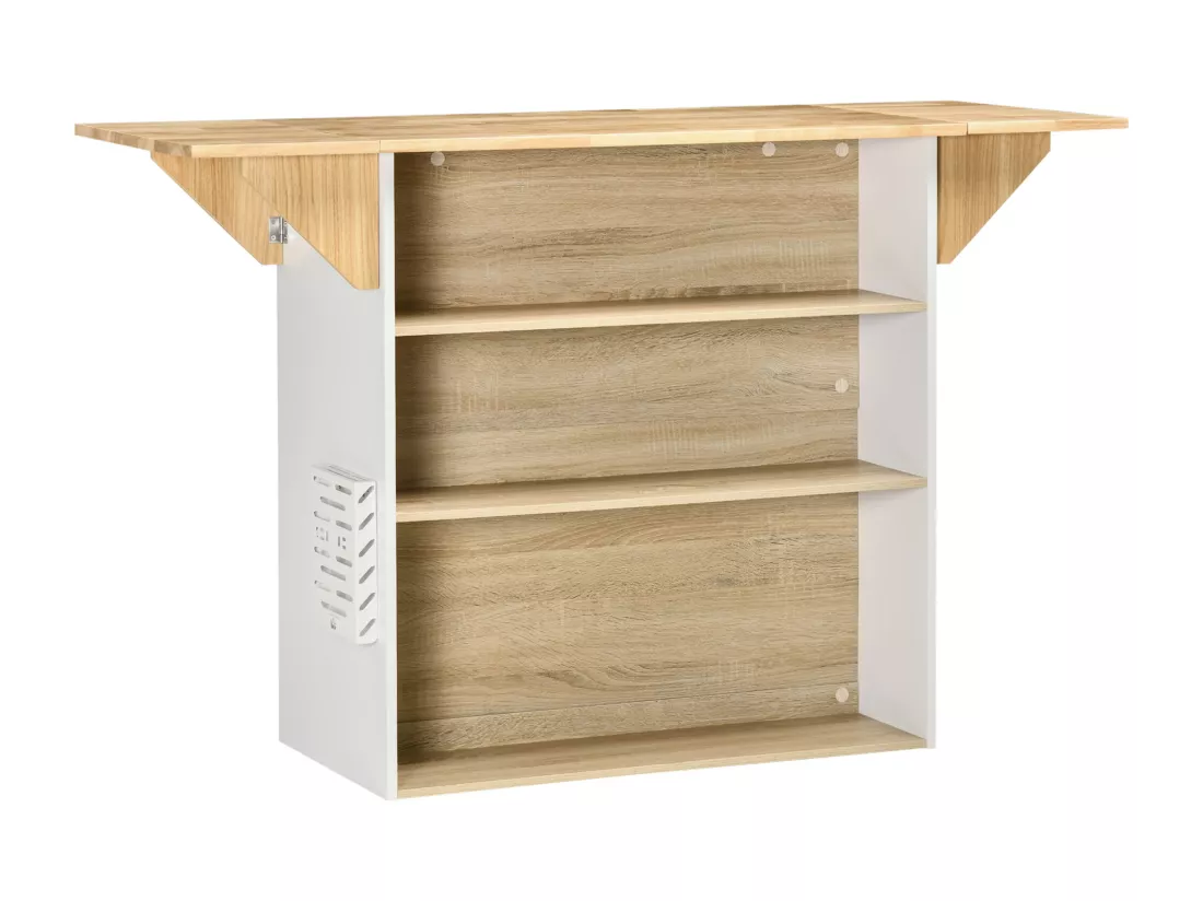 Ilot central de cuisine avec rangements plan de travail rabattable 2 étagères 140L x 55l x 91H cm blanc et aspect chêne clair