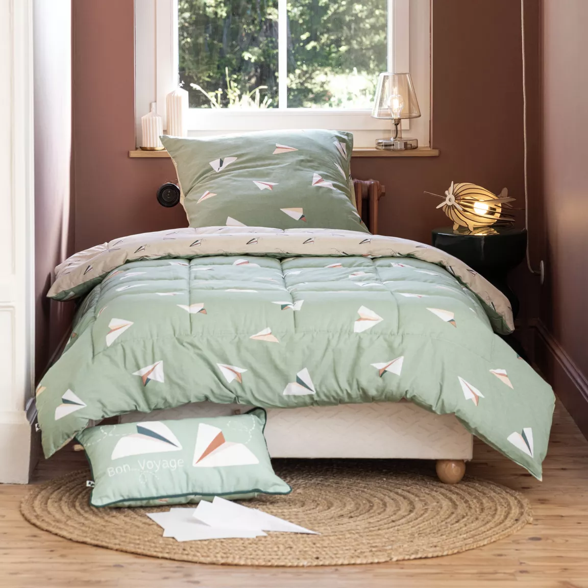 Couette imprimée enfant et une taie d'oreiller (140 x 200 cm) Petits papiers Verte