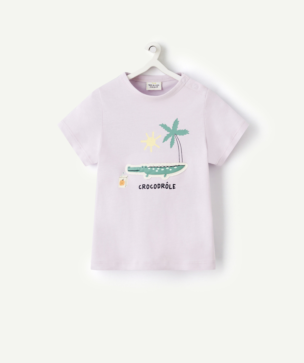 T-SHIRT BÉBÉ GARÇON MAUVE EN COTON BIO AVEC CROCODILE EN RELIEF