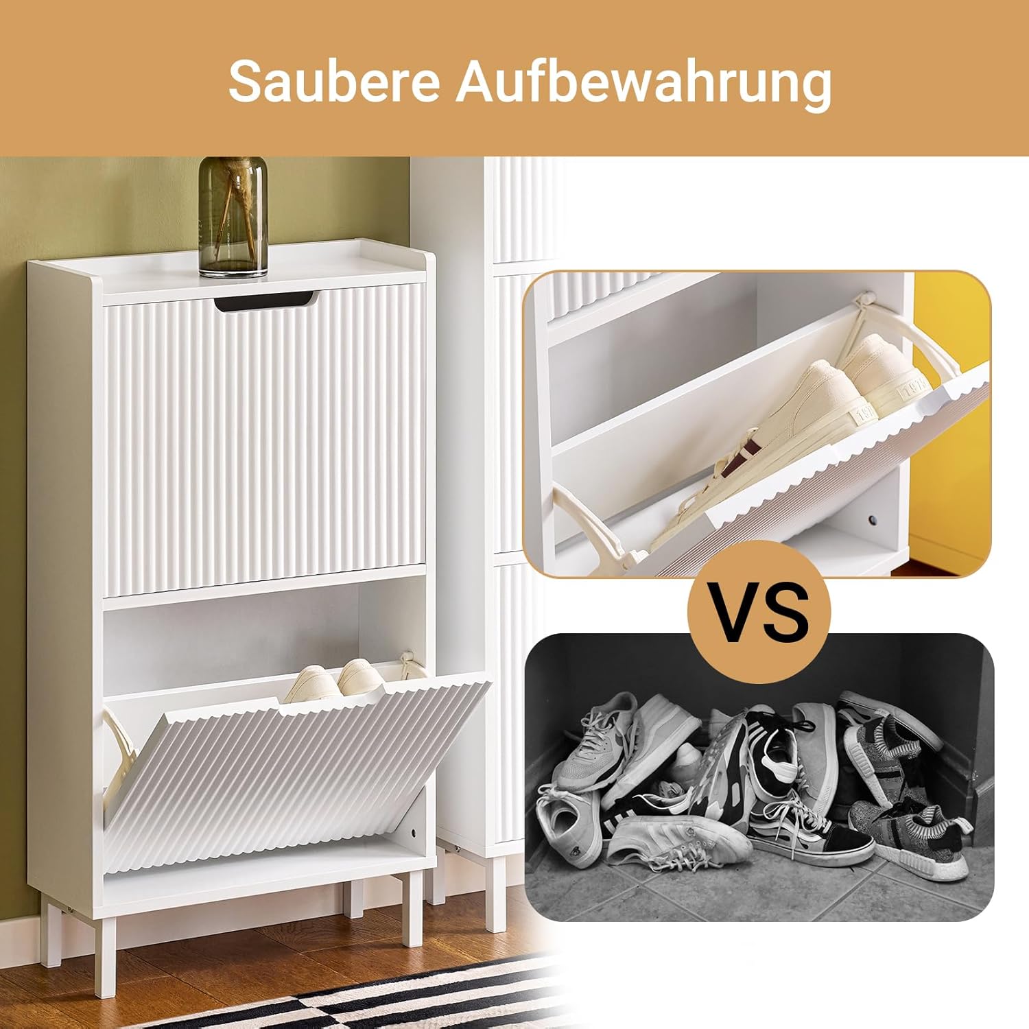 SoBuy Schuhschrank schmal mit 2 Klappen Platzsparender Schuhkipper Hoch Kommode Schuhregal geschlossen Flurschrank für Diele, Flur 50x90x19cm Weiß FSR177-W