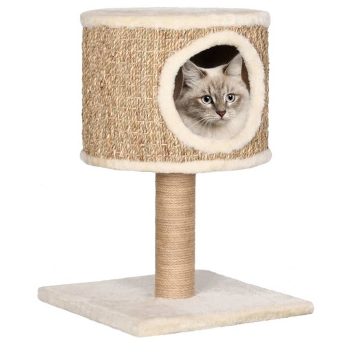 Toca elevada para gatos com poste para arranhar, bege