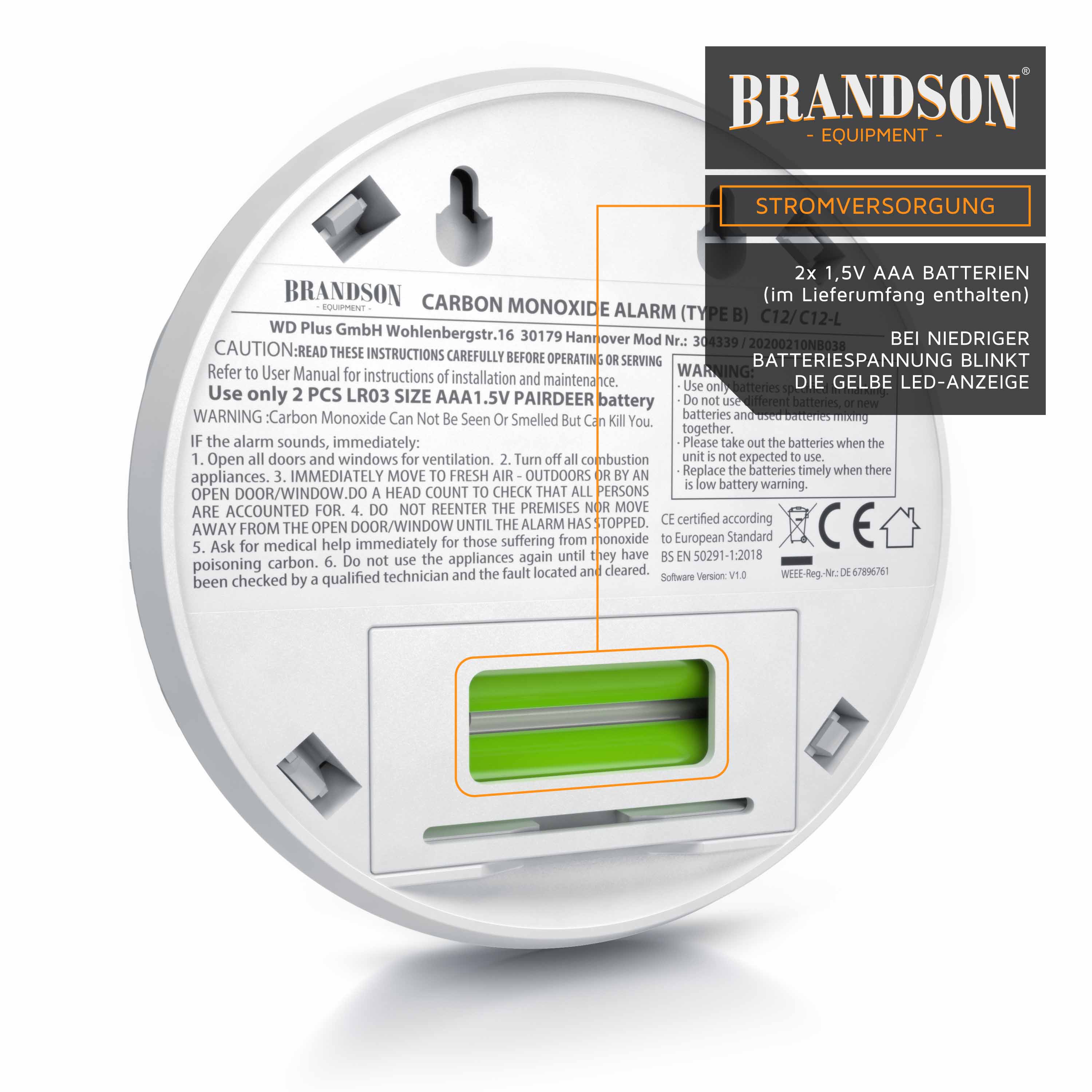 Brandson Kohlenmonoxid Melder mit LCD Display CO Alarm mit 85 dB - Batteriebetrieben