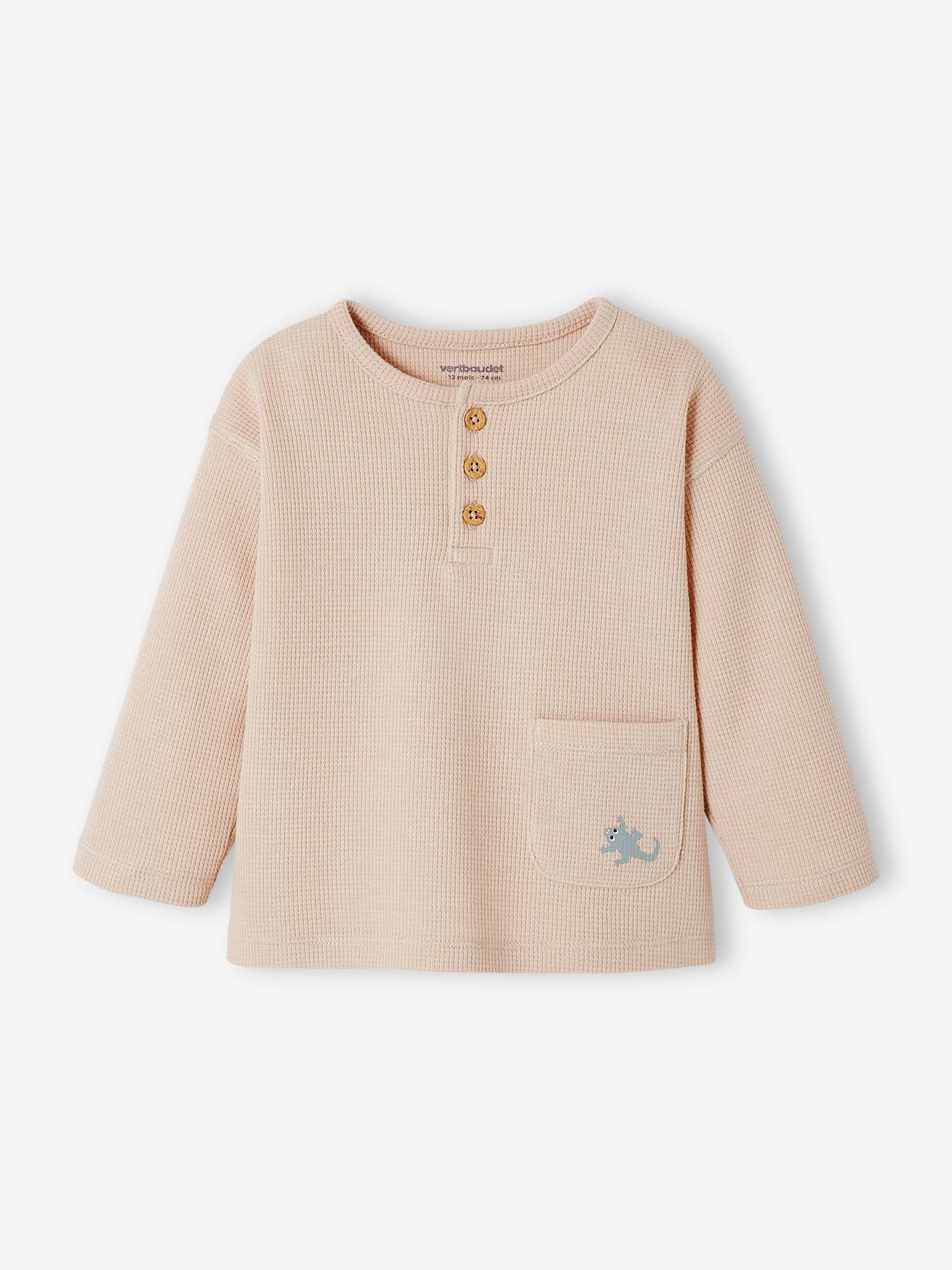 Camiseta tunisiana de manga comprida com trama em favo de mel para bebê, bege