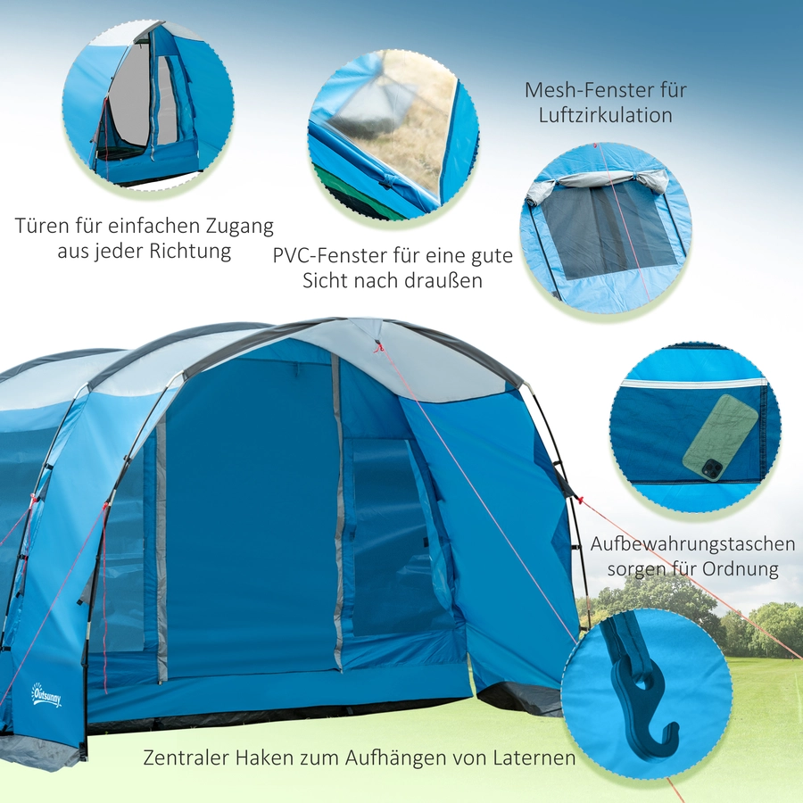 Outsunny Campingzelt mit Erdspieße, Tragetasche und Spannseilen blau