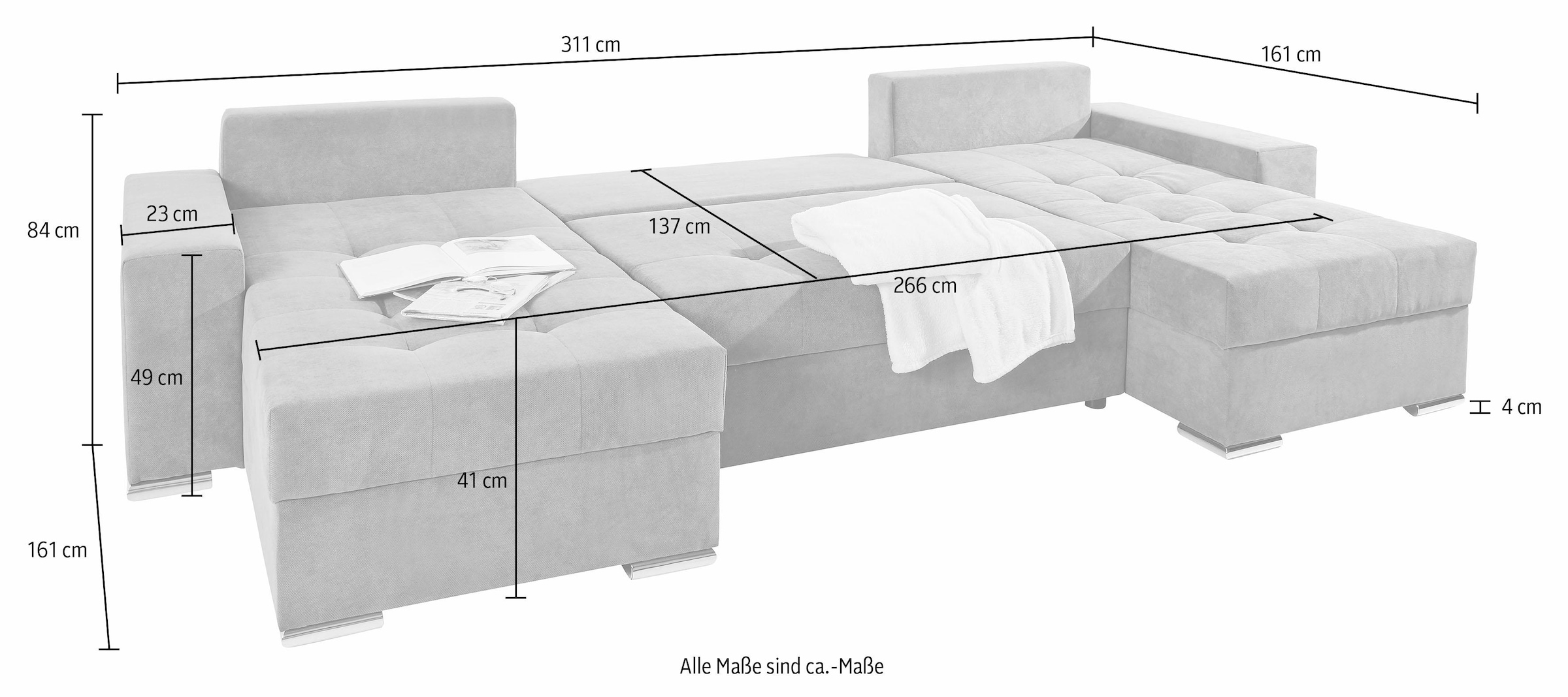 COLLECTION AB Wohnlandschaft »Josy XL U-Form, Breite: 313 cm« mit Bettfunktion, Bettkasten & 2 Zierkissen, Federkern