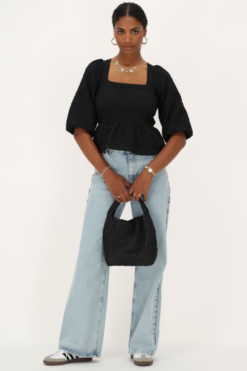 Zwarte jacquard top met peplum