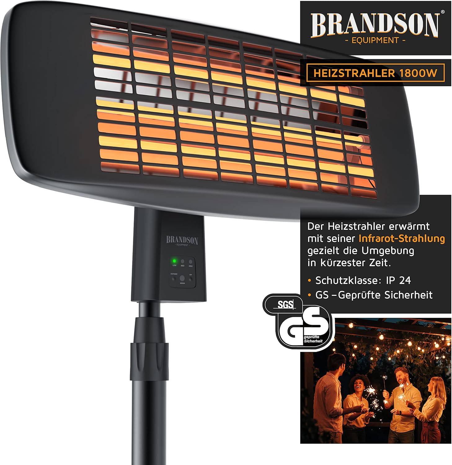Brandson - Infrarot Heizstrahler mit Fernbedienung - Heizlüfter Terrassenheizstrahler - 3 Leistungsstufen Heizelemente - Inkl. Fernbedienung - LED Power-Indikator - Wandhalterung