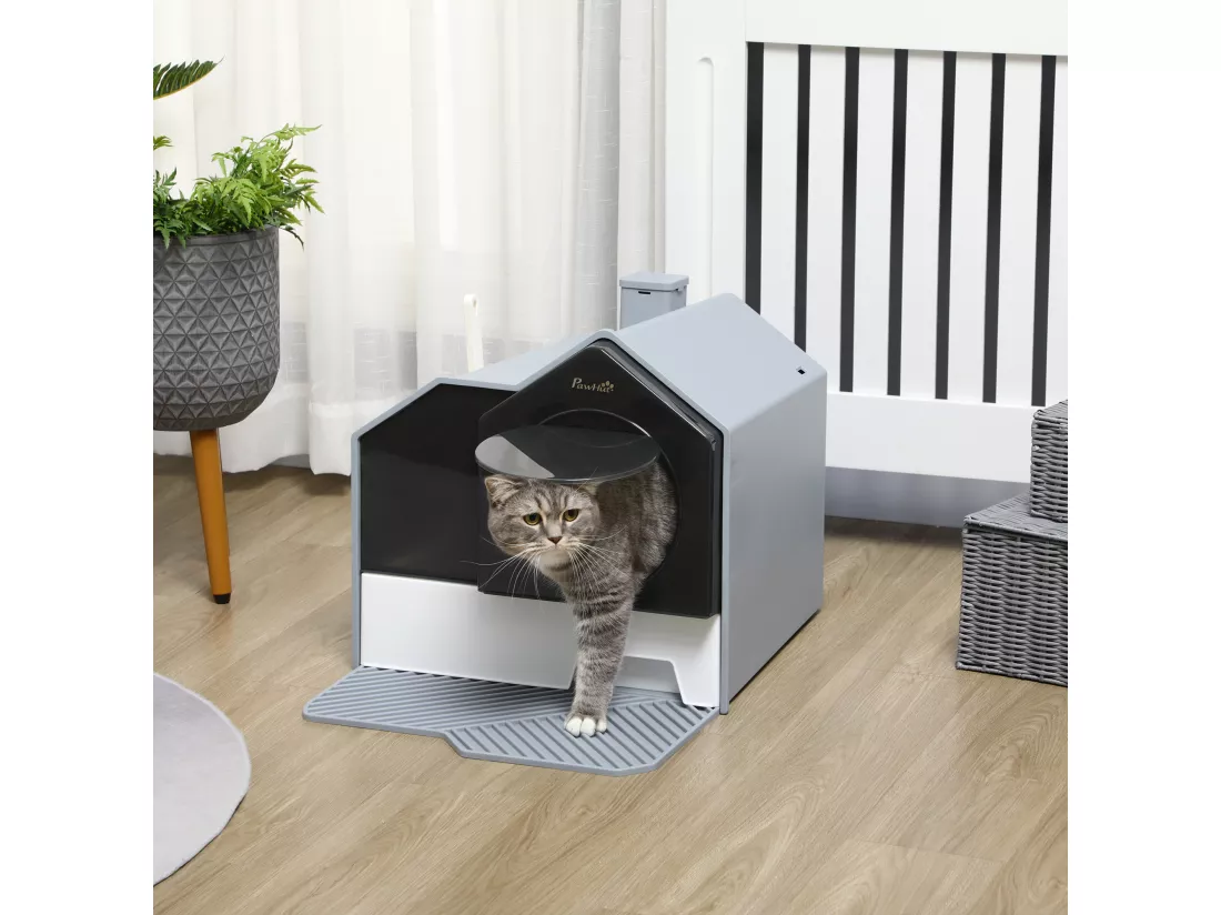 Maison de toilette chat design maison - bac à litière - tapis, poignée, pelle, filtre, tiroir inclus - PP blanc noir gris