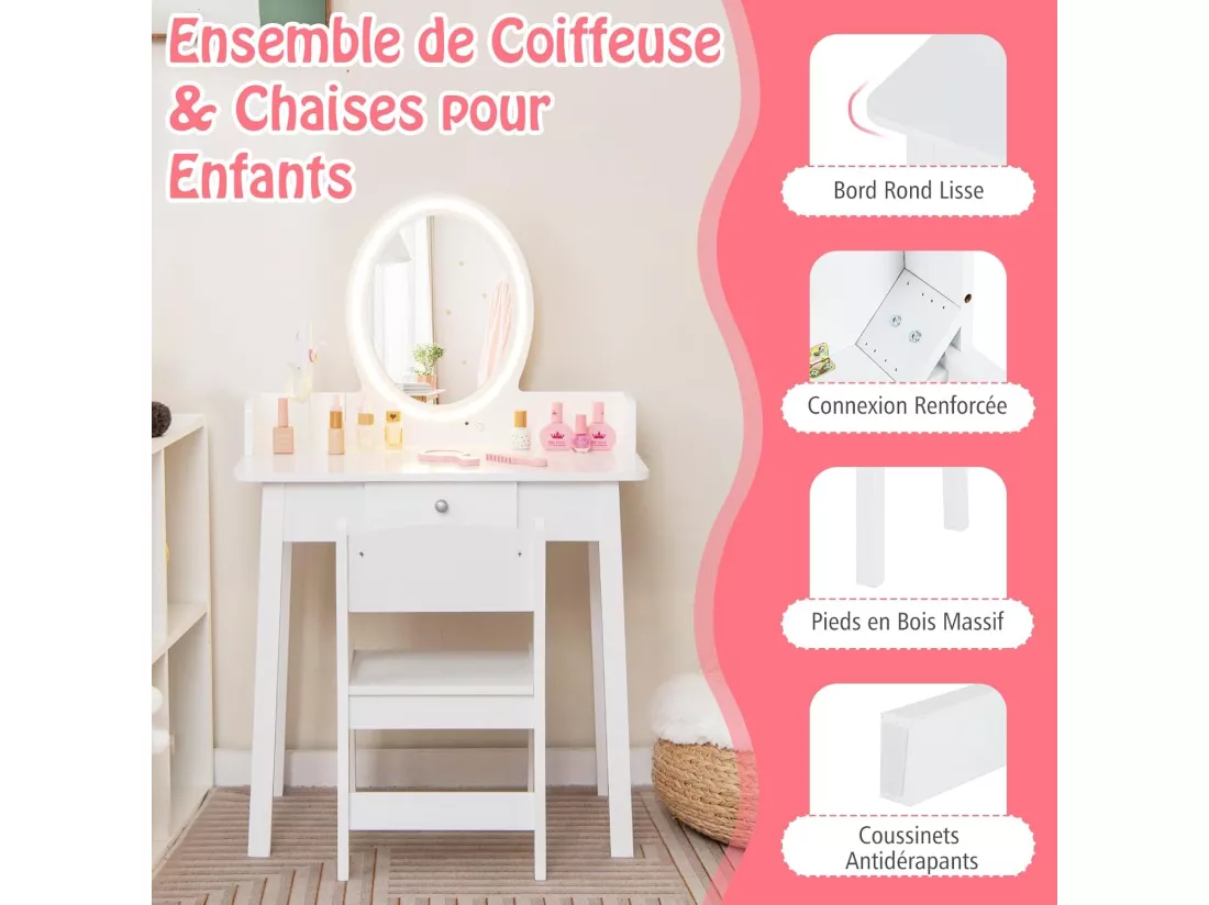 2 en 1 Coiffeuse Enfants avec Tabouret & Miroir Amovible, Table de Maquillage avec Tiroir & Organisateur en Forme Arbre, Dispositif Anti-basculement, Charge 50kg pour Enfants de 3-8 Ans
