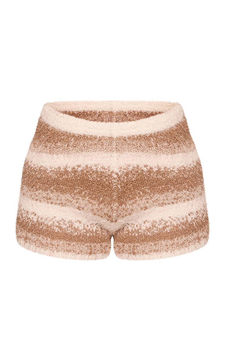Beige Short Mini Ajusté En Maille Brossée À Rayures Petite