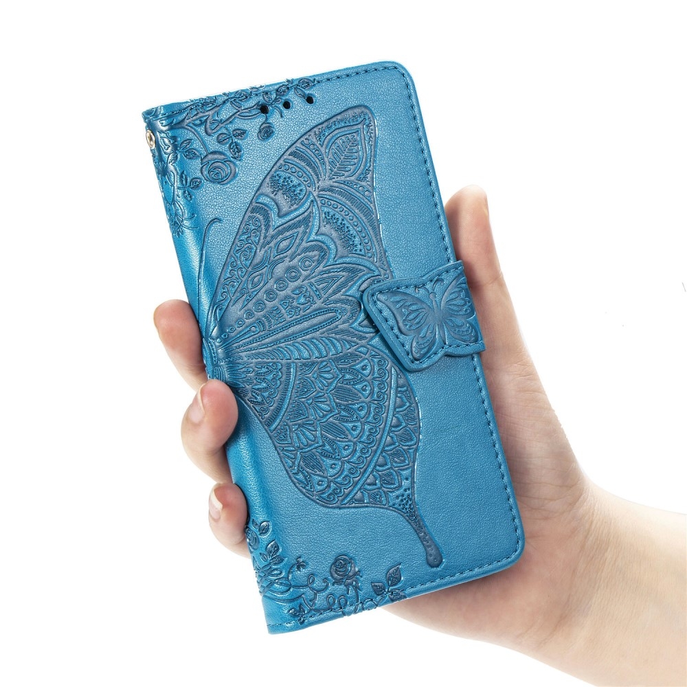 Samsung Galaxy A41 Leder Tasche Flip Cover Schmetterlinge Imprint - Blau