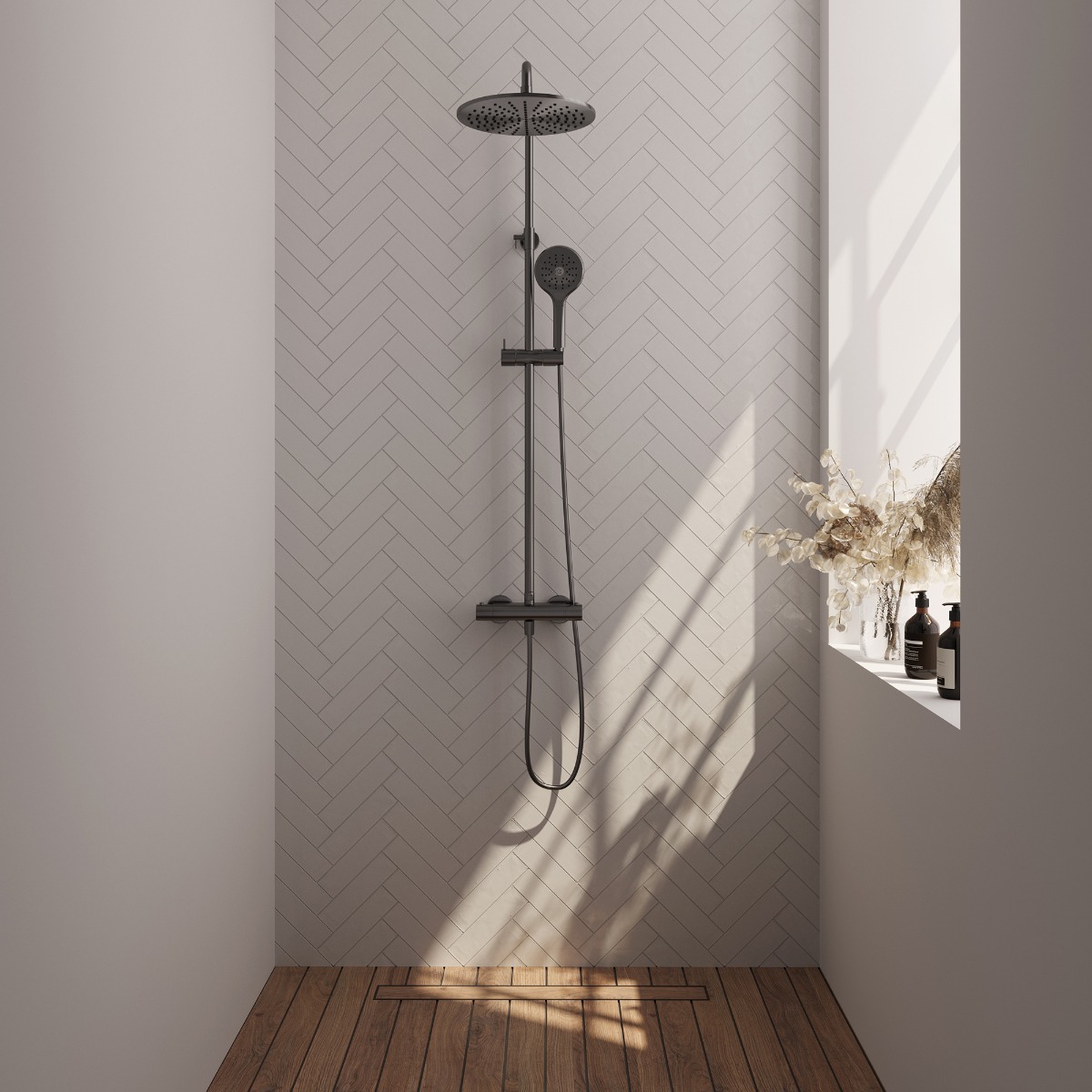 Brauer Gunmetal Edition opbouw regendoucheset met 3 standen handdouche en hoofddouche 30cm gunmetal geborsteld PVD